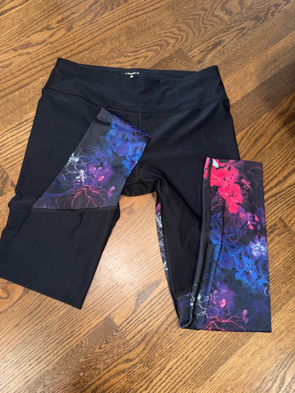 Black Leggings with Pink & Blue Floral Panels - Women